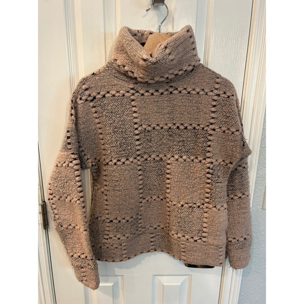 Prana Turtleneck Sweater Mauve Pink Chunky Bobble Knit Grid Pattern XS Cowl Neck